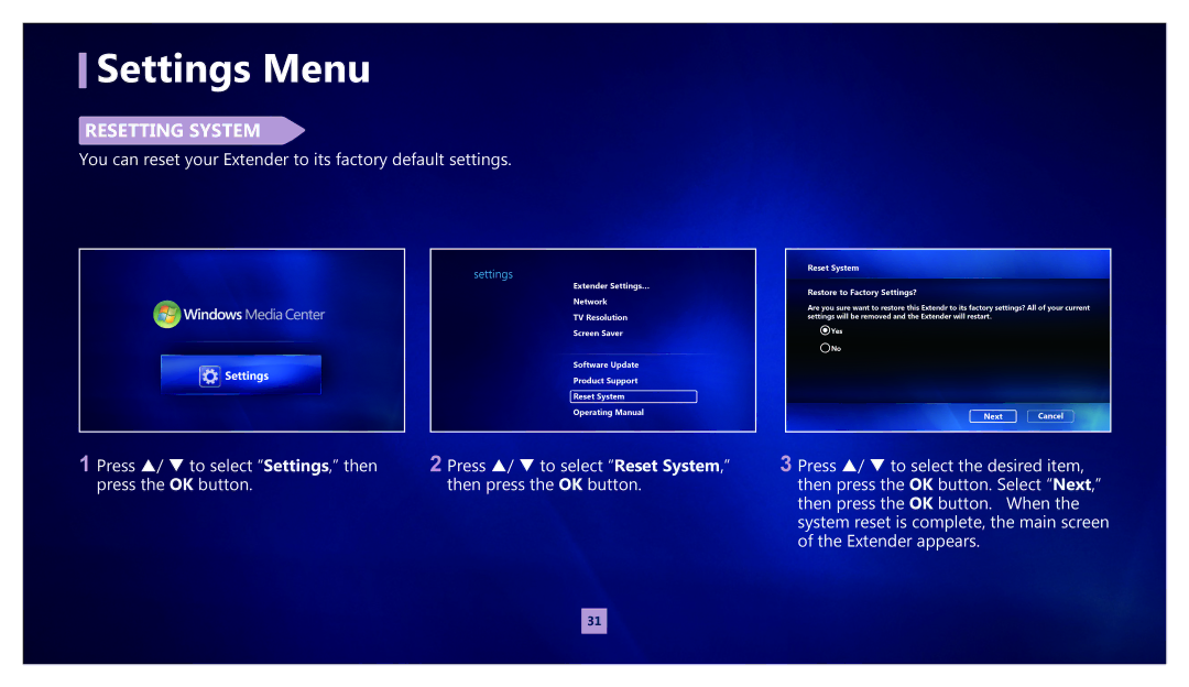 Samsung MR-00EA1 warranty REsEtting systEm, You can reset your Extender to its factory default settings 