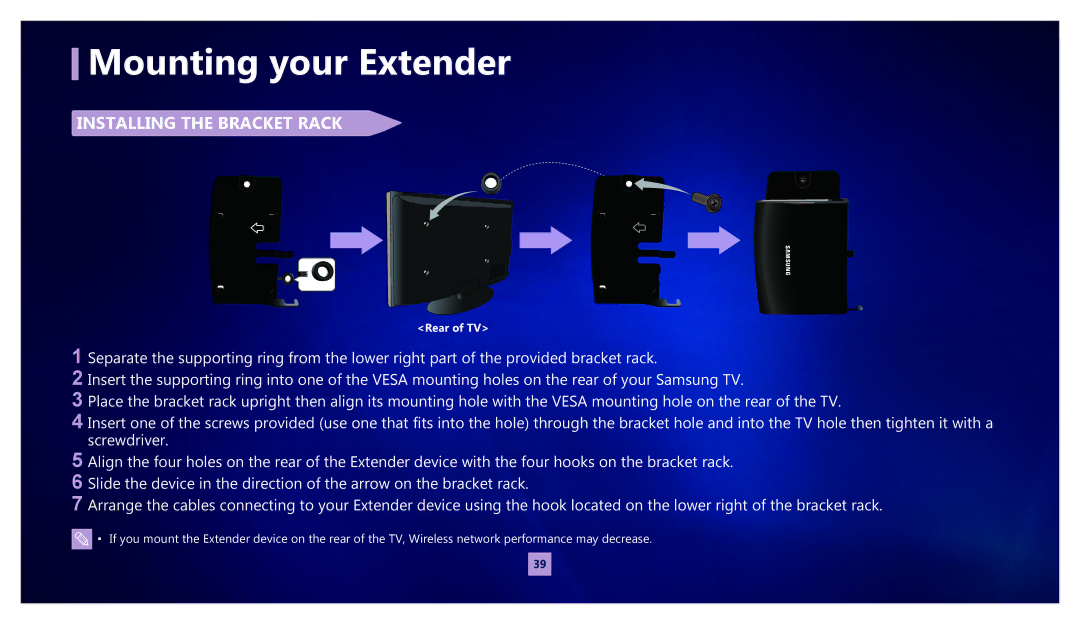 Samsung MR-00EA1 warranty Mounting your Extender, Installing thE braCKEt raCK 