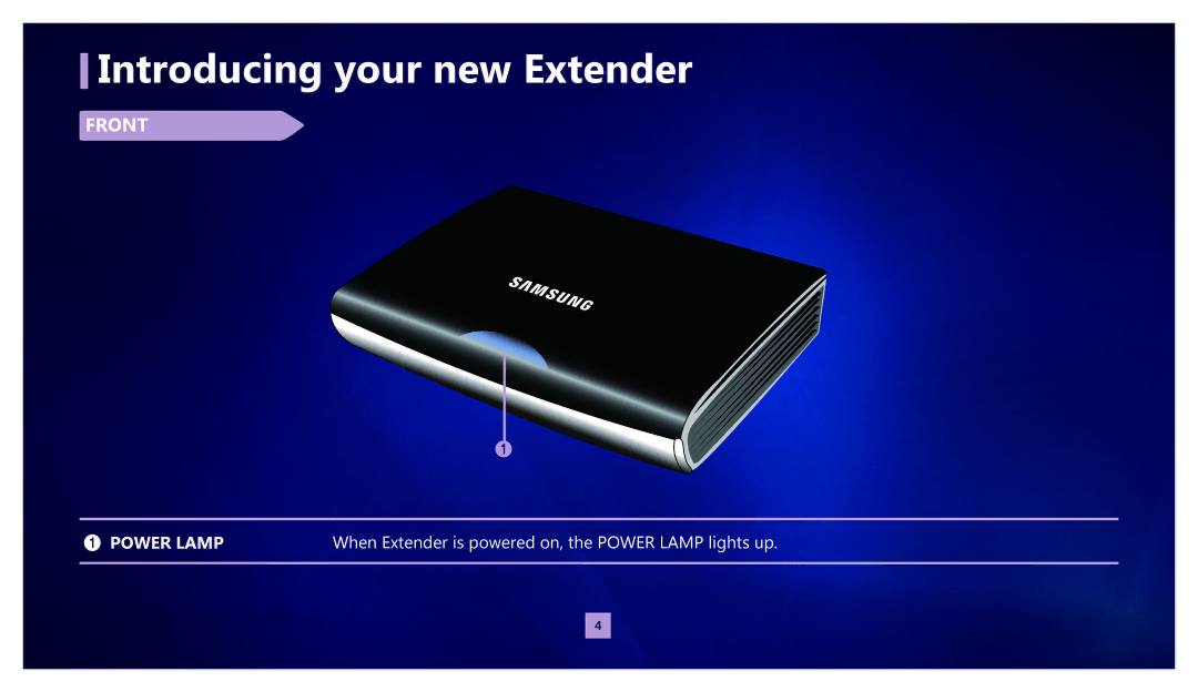 Samsung MR-00EA1 warranty Introducing your new Extender, Front, When Extender is powered on, the Power Lamp lights up 