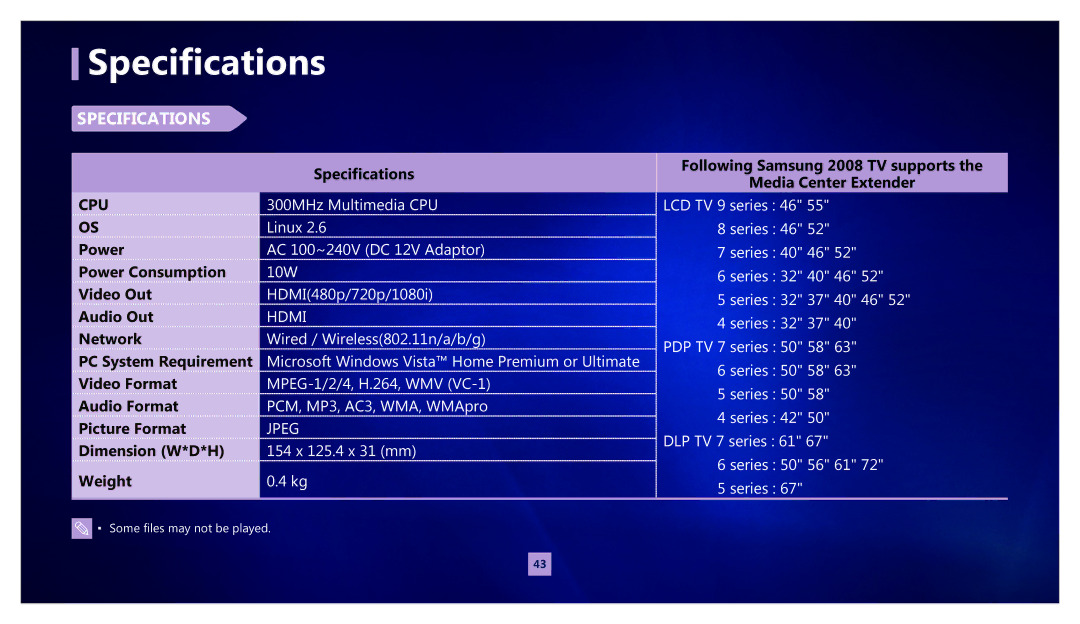 Samsung MR-00EA1 warranty Specifications 