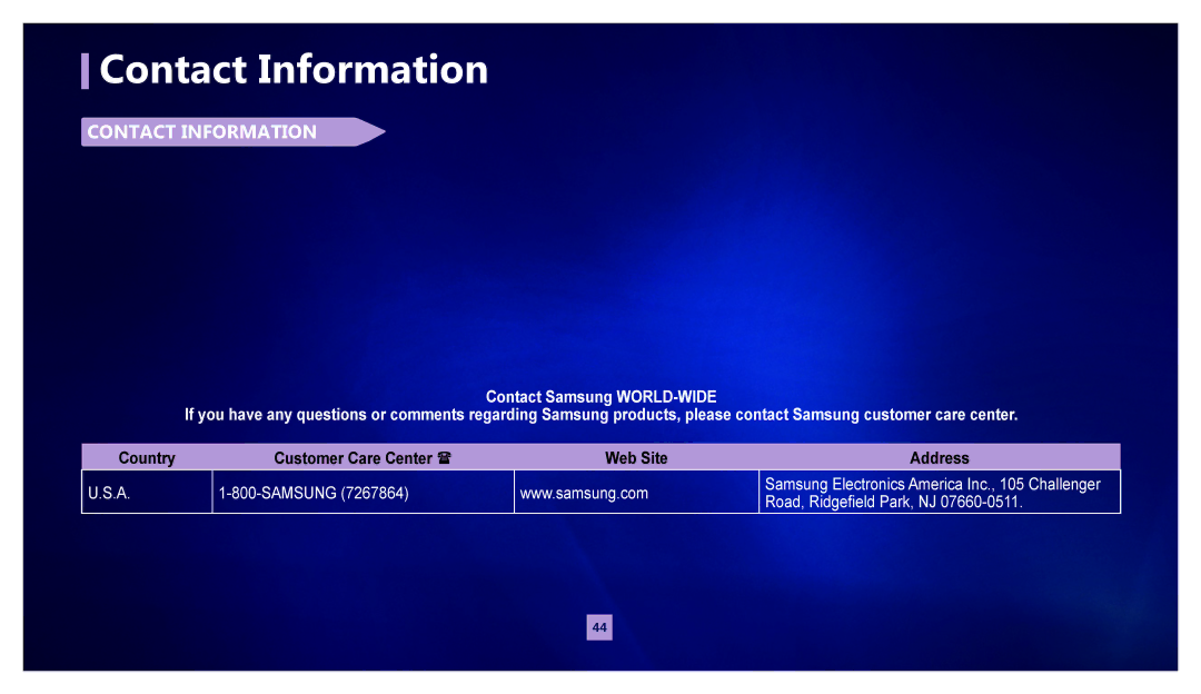 Samsung MR-00EA1 warranty Contact Information 