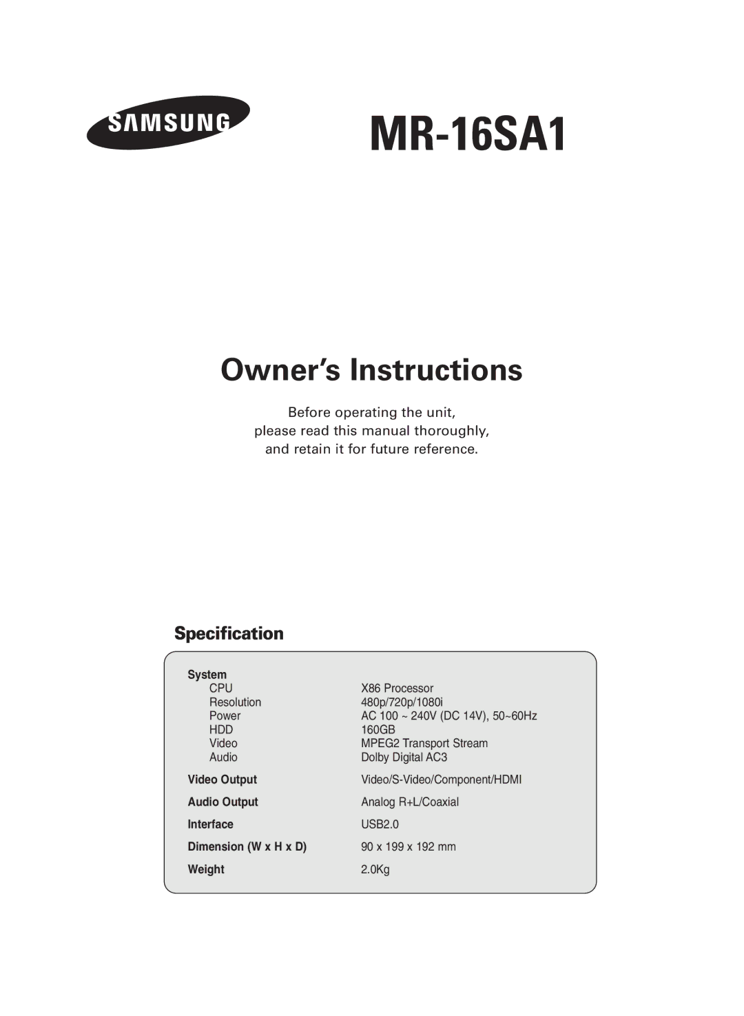 Samsung MR-16SA1 manual Specification 