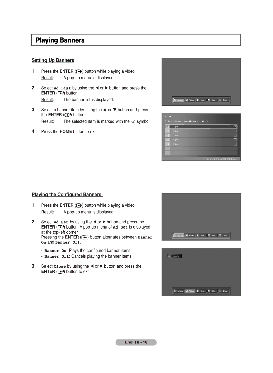 Samsung MR-16SA1 manual Playing Banners, Setting Up Banners 