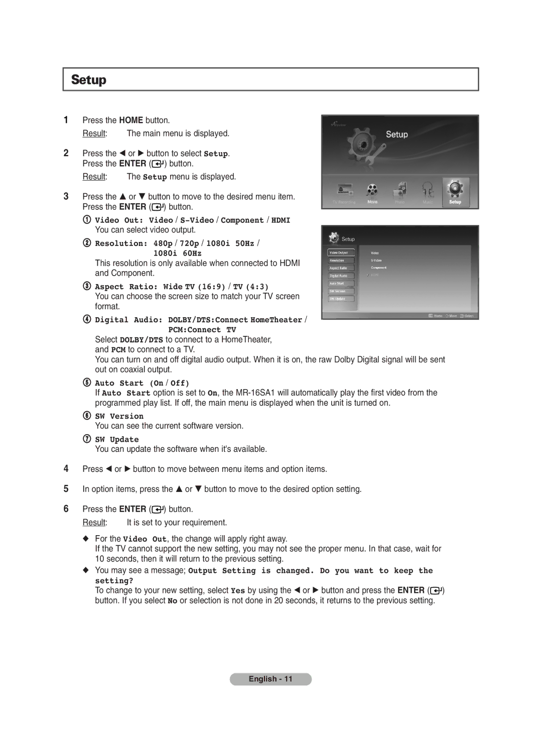 Samsung MR-16SA1 manual Setup, Digital Audio DOLBY/DTSConnect HomeTheater PCMConnect TV 