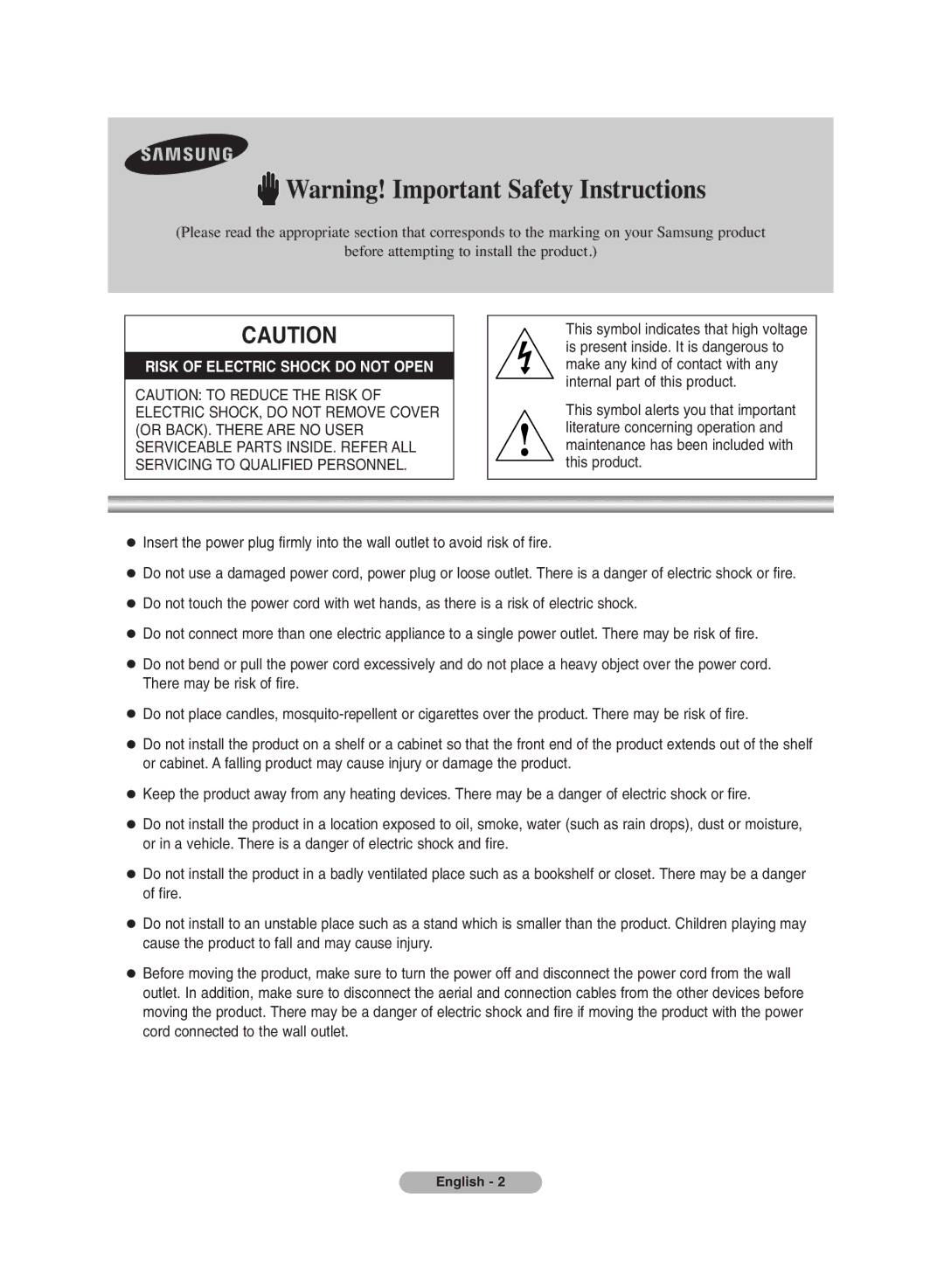 Samsung MR-16SA1 manual Risk of Electric Shock do not Open 