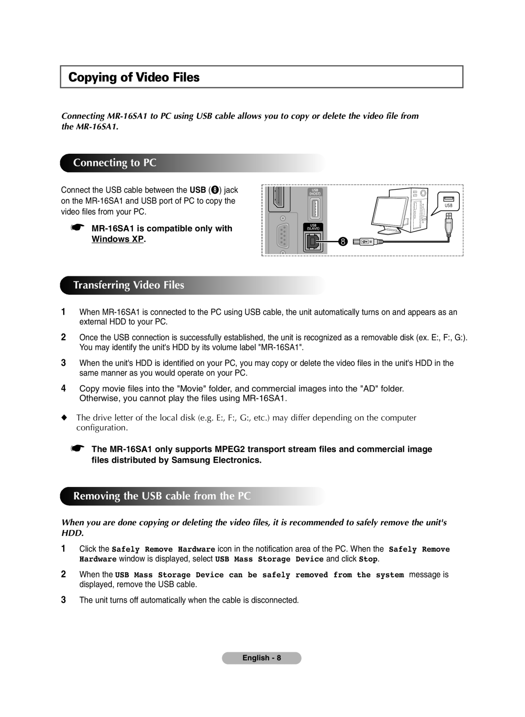 Samsung MR-16SA1 Copying of Video Files, Connecting to PC, Transferring Video Files, Removing the USB cable from the PC 