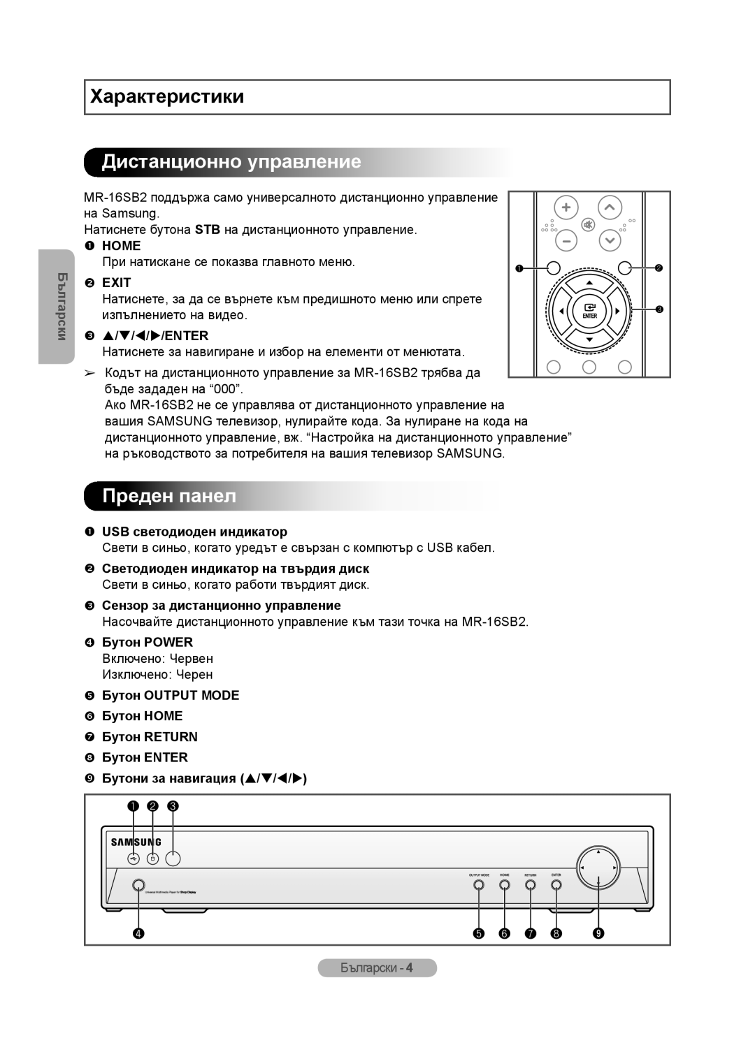 Samsung MR-16SB2 manual Характеристики, Дистанционно управление, Преден панел 