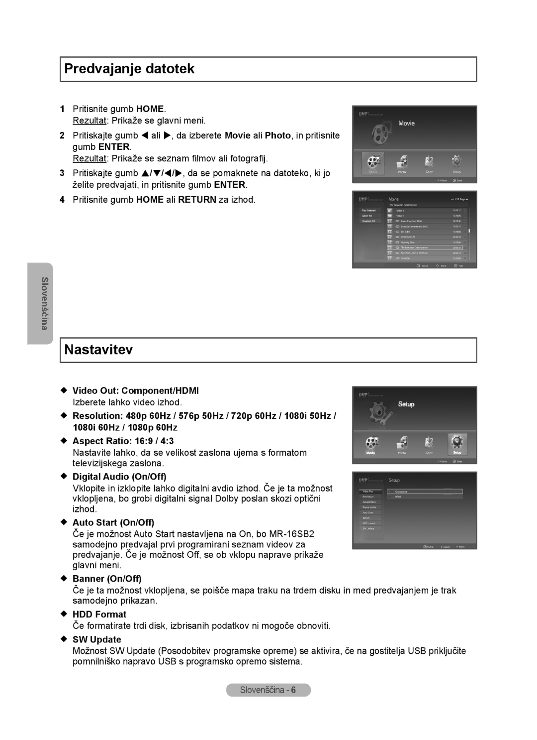 Samsung MR-16SB2 manual Predvajanje datotek, Nastavitev 