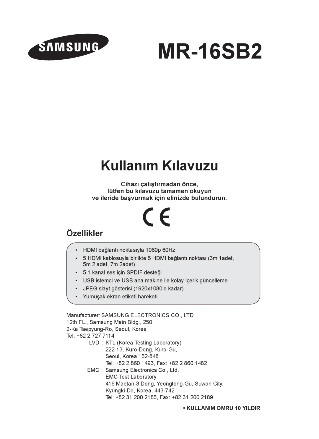 Samsung MR-16SB2 manual Kullanım Kılavuzu, Özellikler 