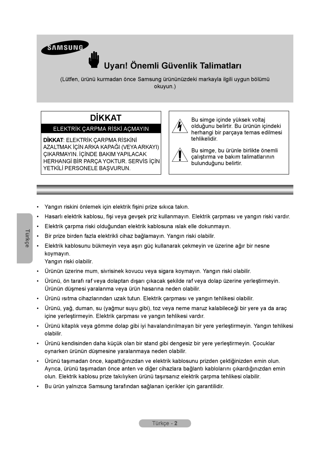 Samsung MR-16SB2 manual Uyarı! Önemli Güvenlik Talimatları, Elektrİk Çarpma Rİskİ Açmayin 