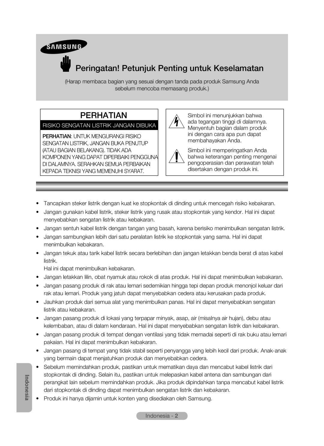 Samsung MR-16SB2 manual Peringatan! Petunjuk Penting untuk Keselamatan, Risiko Sengatan Listrik Jangan Dibuka 