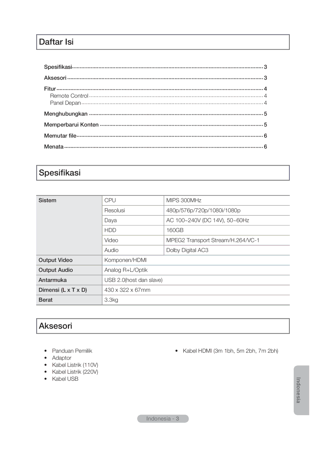 Samsung MR-16SB2 manual Daftar Isi, Spesifikasi, Aksesori 