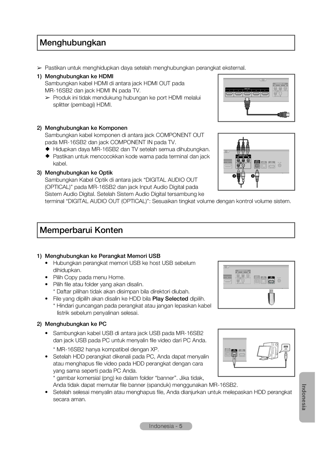 Samsung MR-16SB2 manual Menghubungkan, Memperbarui Konten 