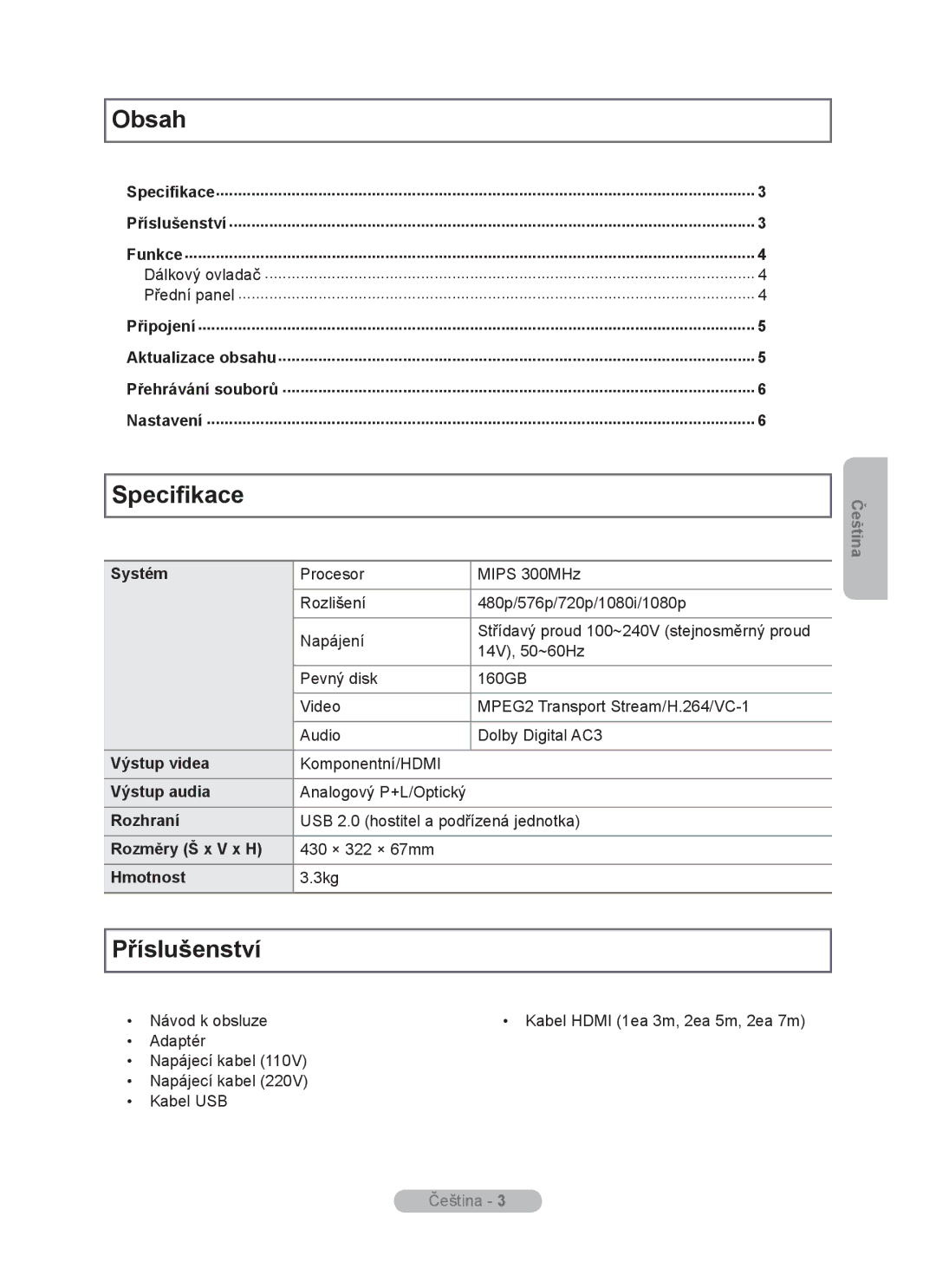 Samsung MR-16SB2 manual Obsah, Specifikace, Příslušenství 