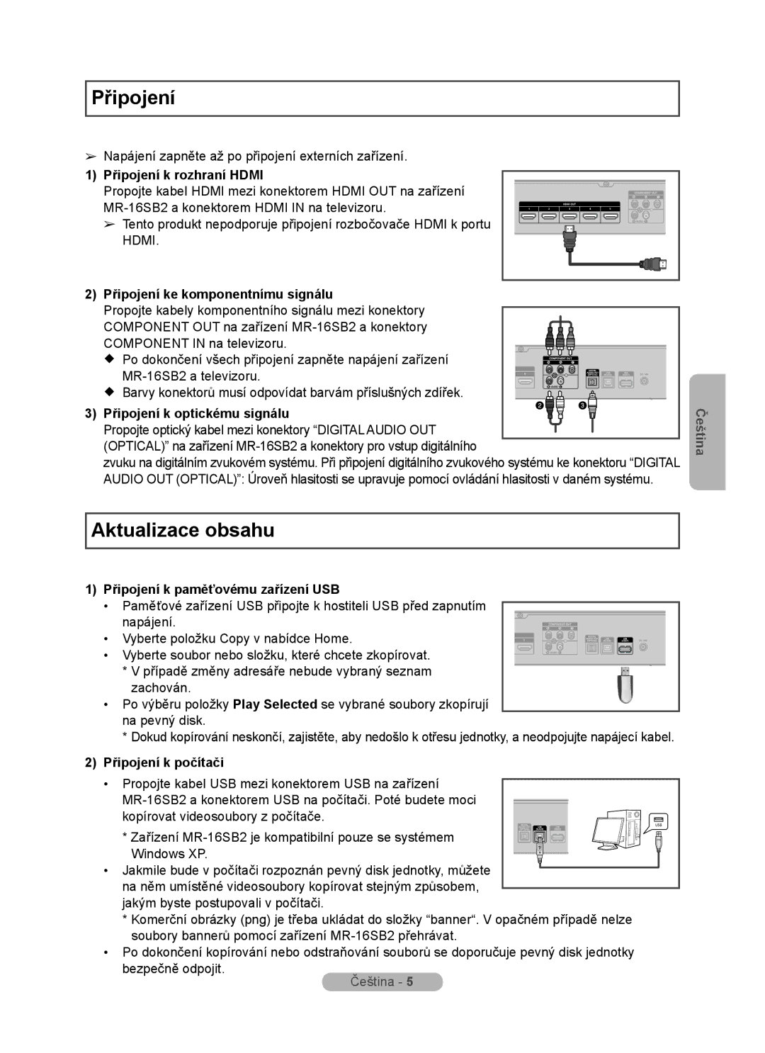 Samsung MR-16SB2 manual Připojení, Aktualizace obsahu 