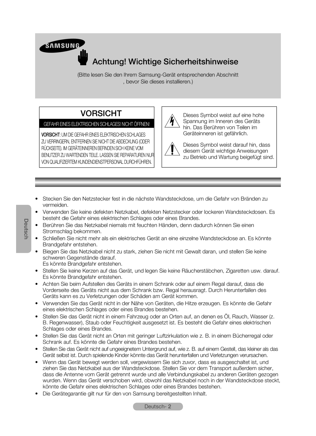 Samsung MR-16SB2 manual Achtung! Wichtige Sicherheitshinweise, Vorsicht 