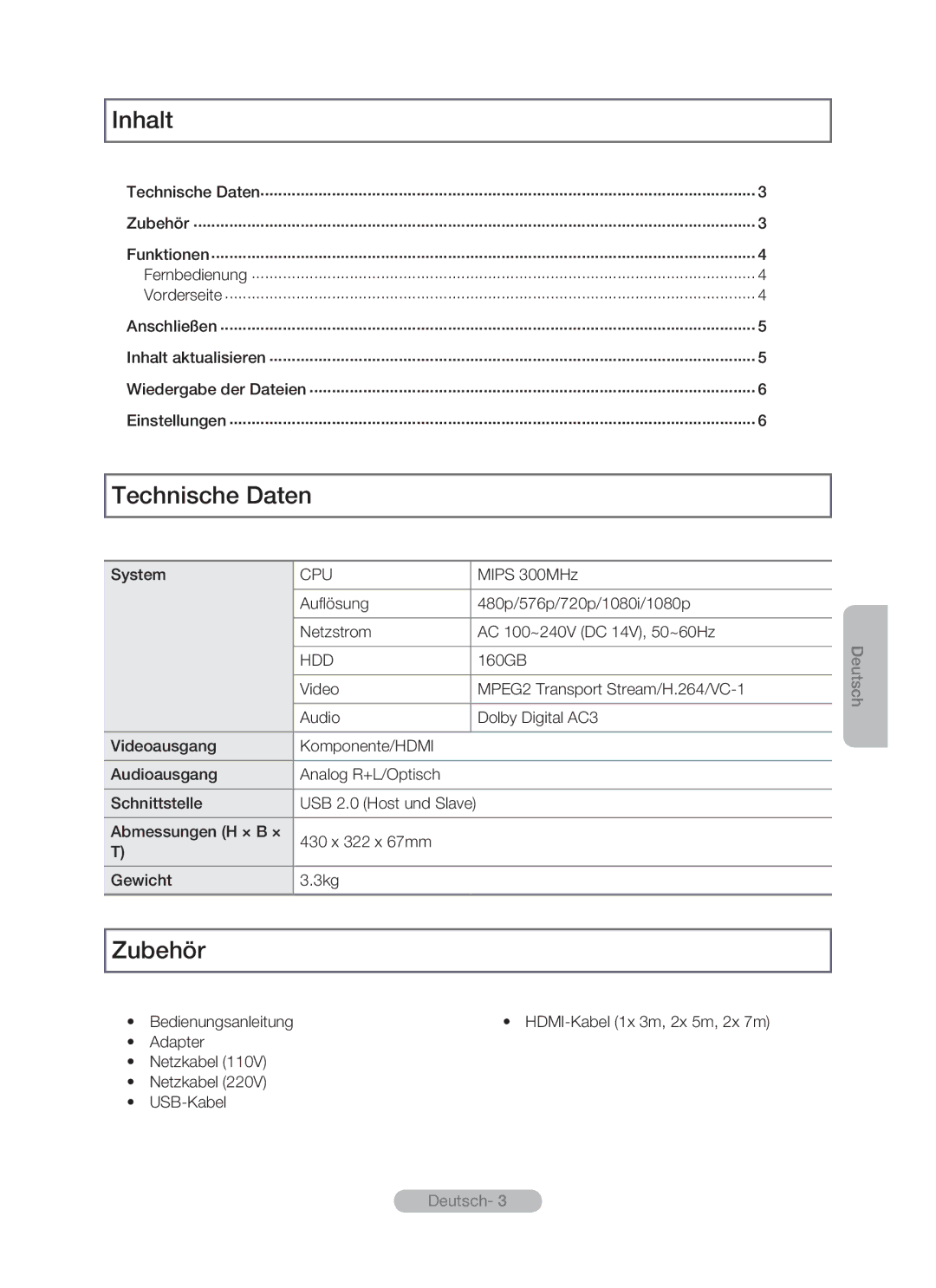 Samsung MR-16SB2 manual Inhalt, Technische Daten, Zubehör 