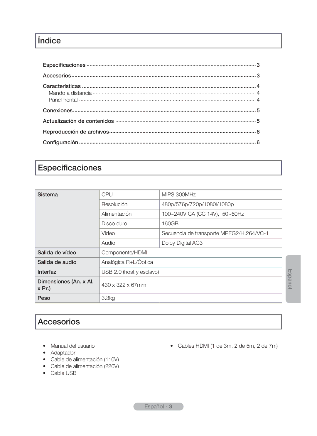 Samsung MR-16SB2 manual Índice, Especificaciones, Accesorios 