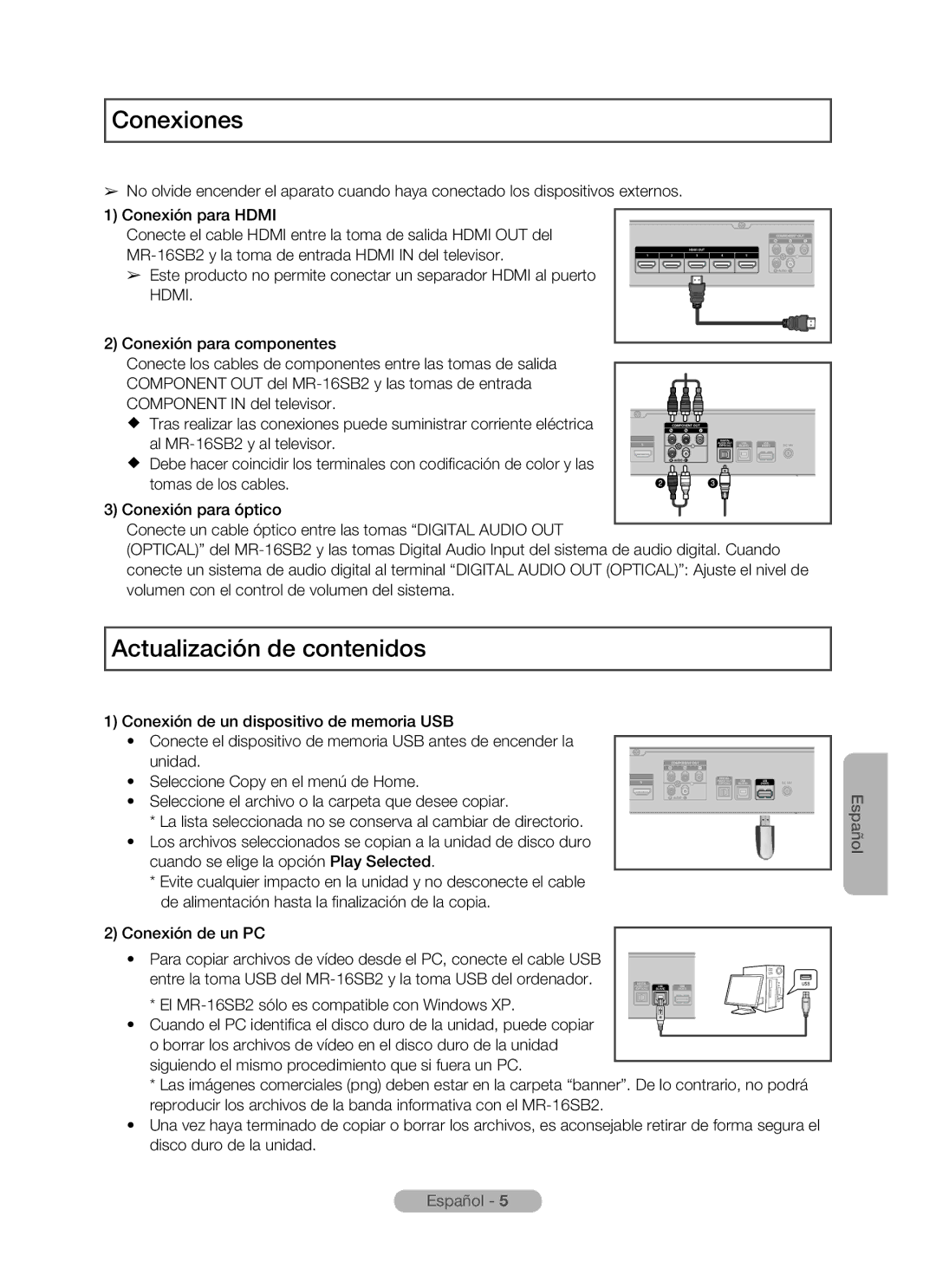 Samsung MR-16SB2 manual Conexiones, Actualización de contenidos 