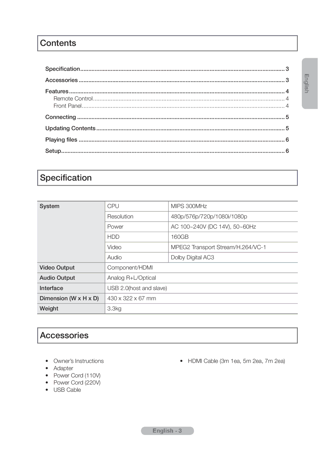 Samsung MR-16SB2 manual Contents, Specification, Accessories 