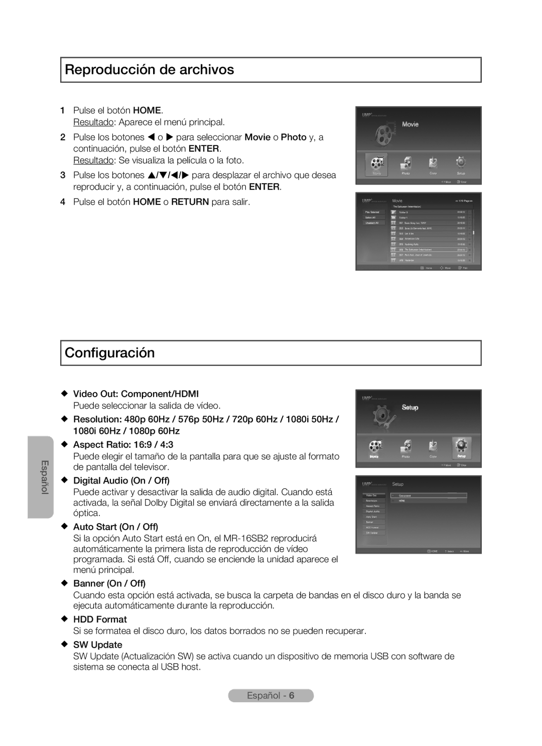 Samsung MR-16SB2 manual Reproducción de archivos, Configuración 