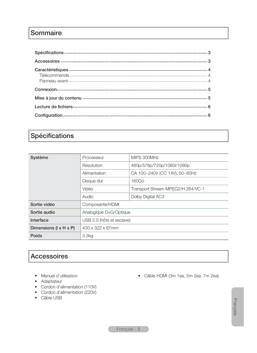 Samsung MR-16SB2 manual Sommaire, Spécifications, Accessoires 