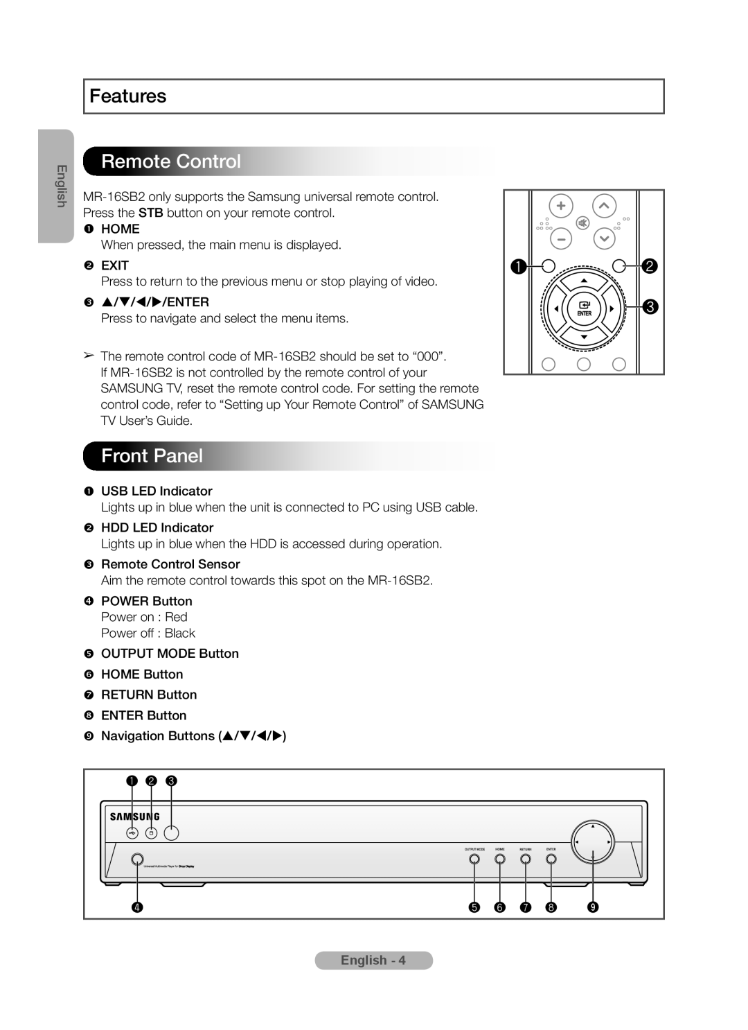 Samsung MR-16SB2 manual Features, Remote Control 