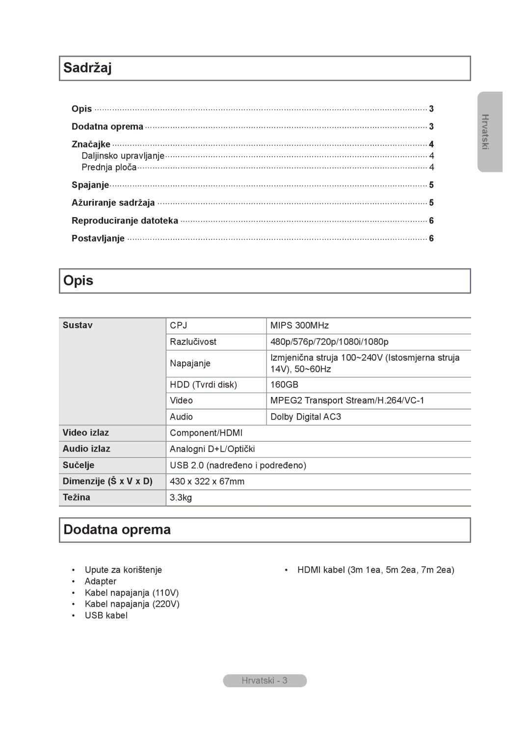 Samsung MR-16SB2 manual Sadržaj, Opis, Dodatna oprema 