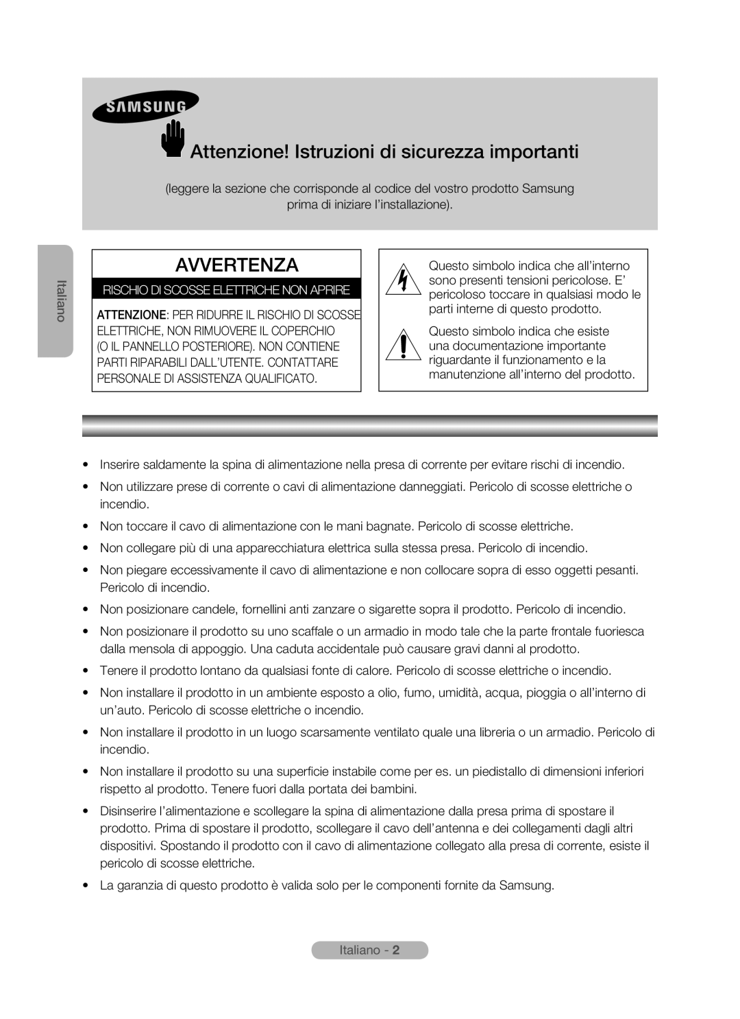 Samsung MR-16SB2 manual Attenzione! Istruzioni di sicurezza importanti, Rischio DI Scosse Elettriche NON Aprire 