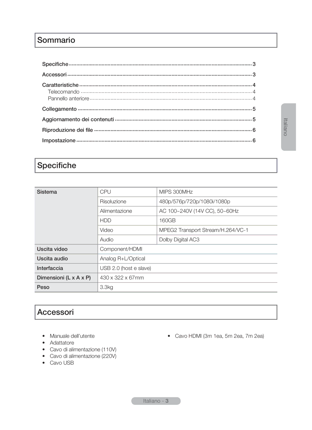 Samsung MR-16SB2 manual Sommario, Specifiche, Accessori 