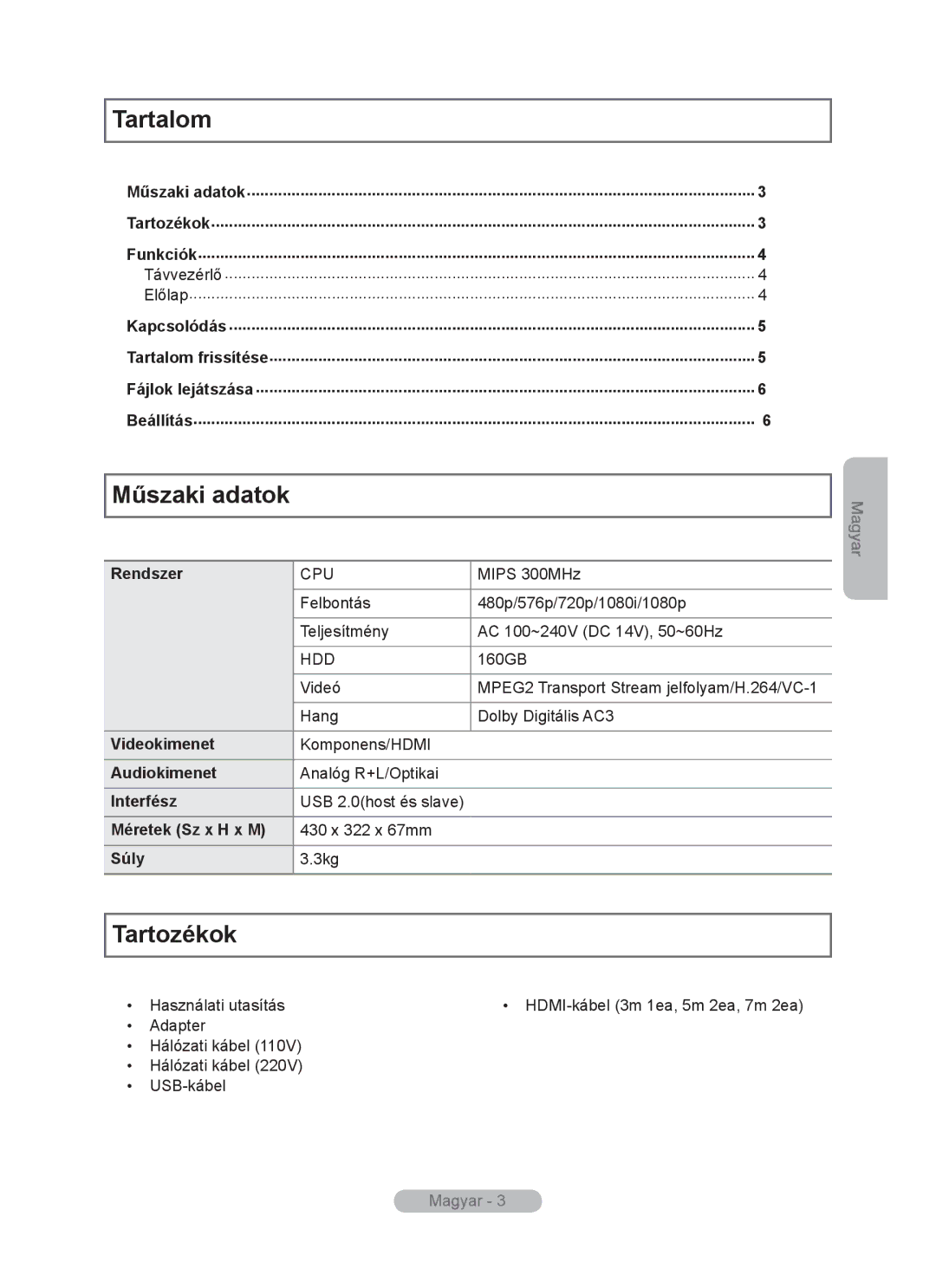 Samsung MR-16SB2 manual Tartalom, Műszaki adatok, Tartozékok 