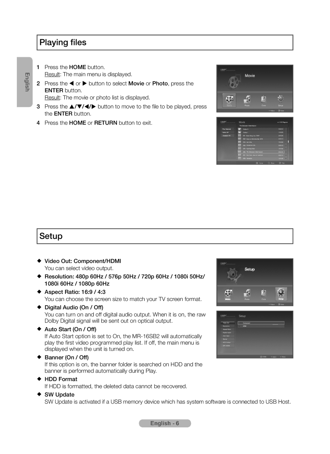 Samsung MR-16SB2 manual Playing files, Setup 