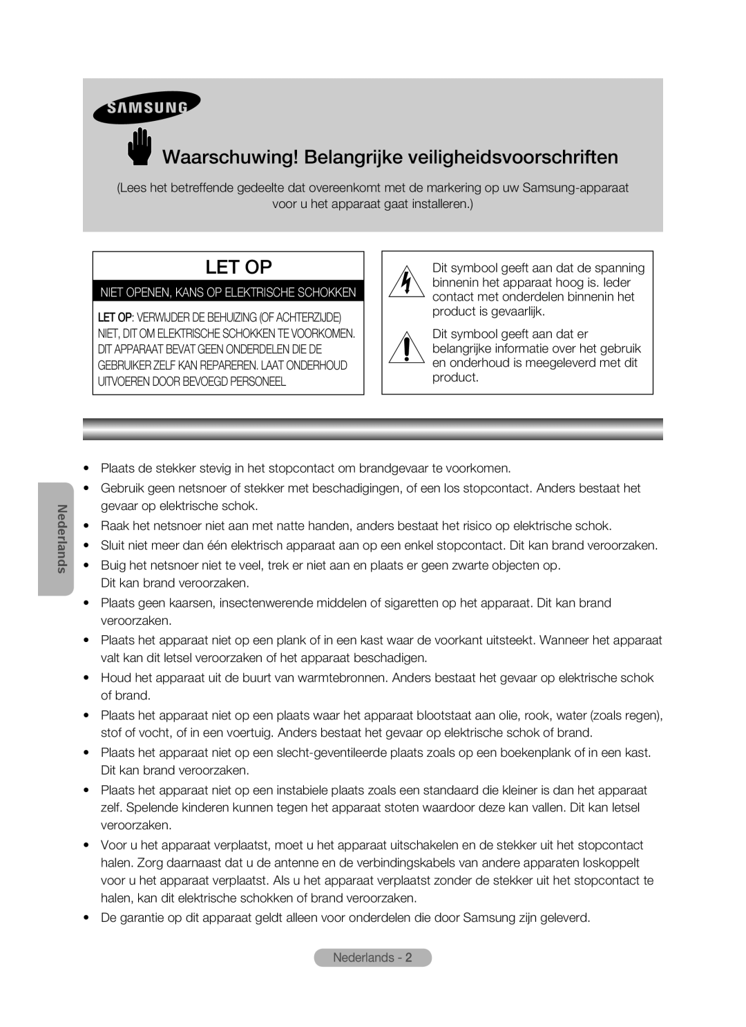 Samsung MR-16SB2 manual Waarschuwing! Belangrijke veiligheidsvoorschriften, Niet OPENEN, Kans OP Elektrische Schokken 