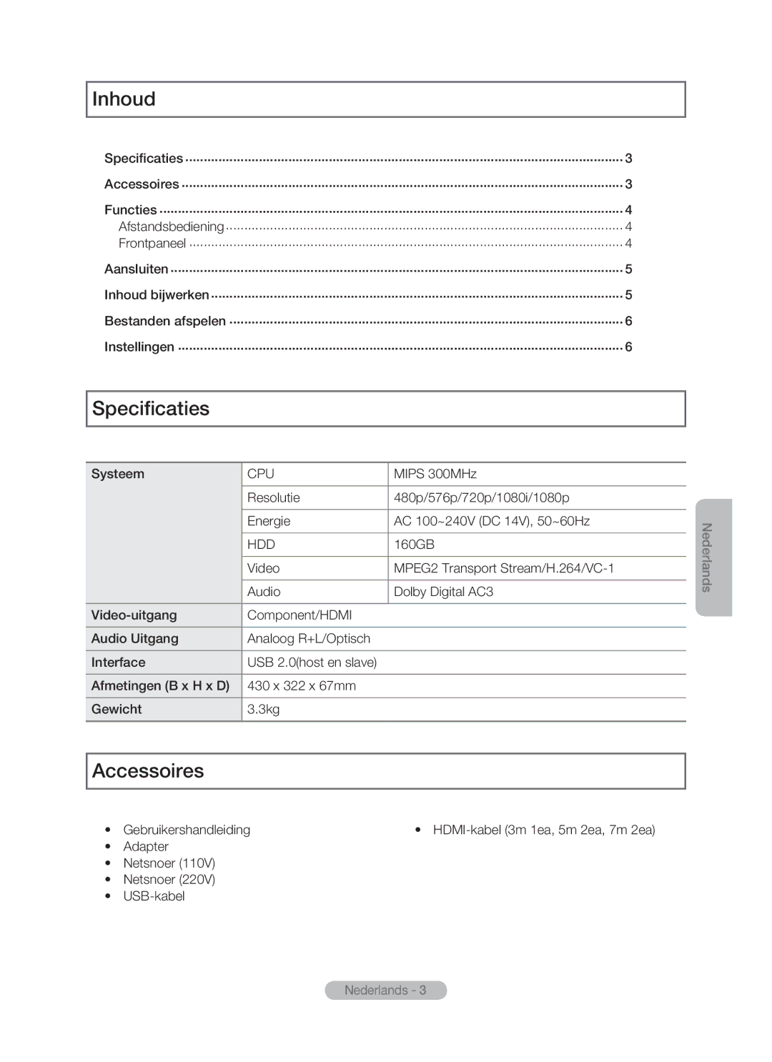 Samsung MR-16SB2 manual Inhoud, Specificaties 