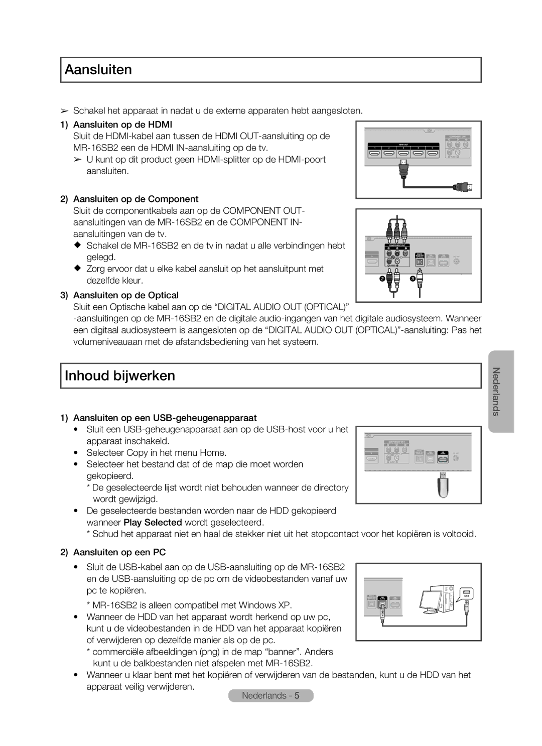 Samsung MR-16SB2 manual Aansluiten, Inhoud bijwerken 