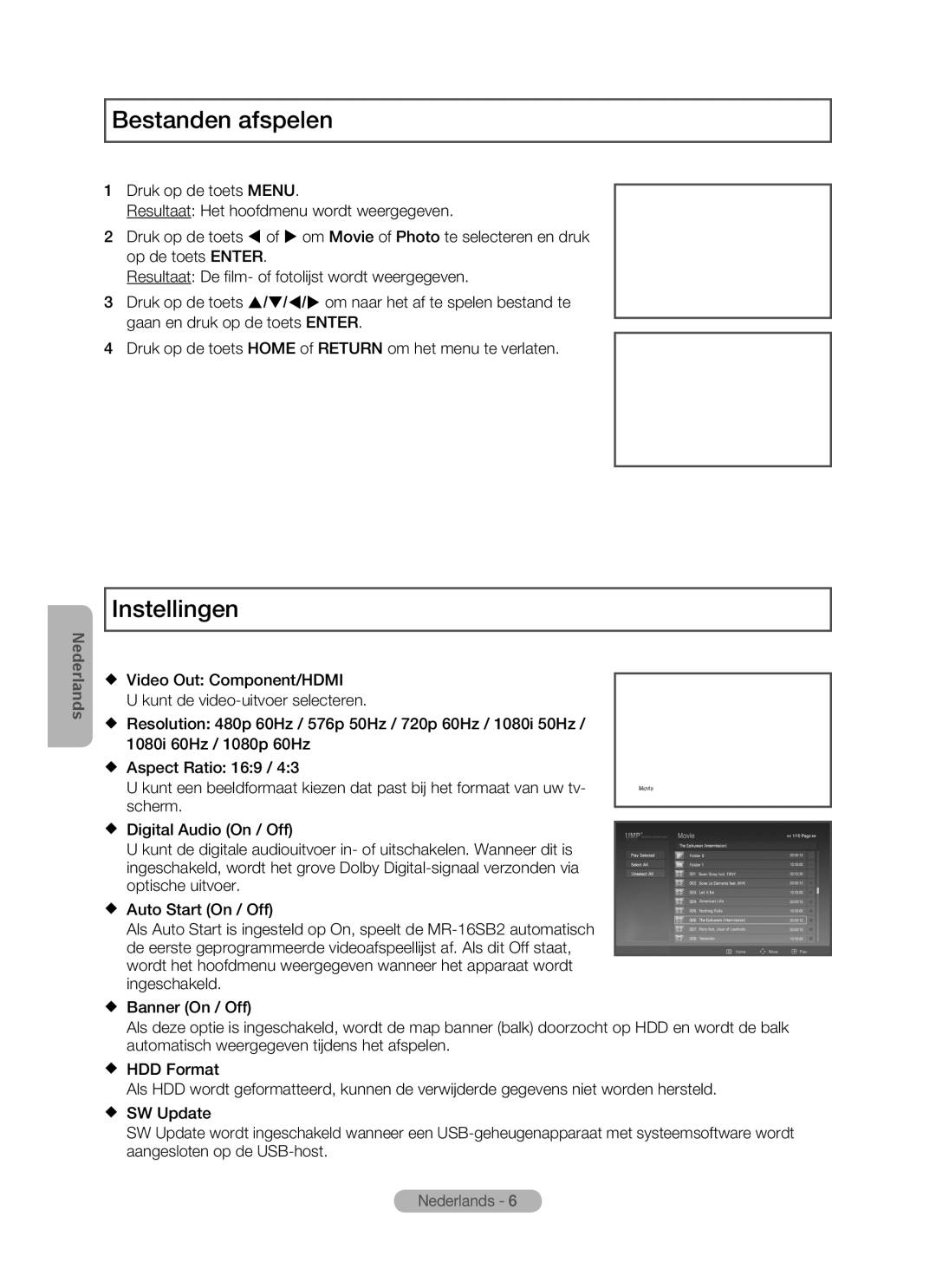 Samsung MR-16SB2 manual Bestanden afspelen, Instellingen 