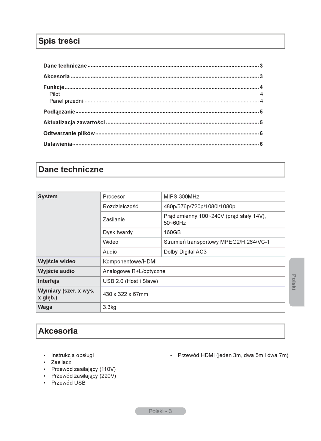 Samsung MR-16SB2 manual Spis treści, Dane techniczne, Akcesoria 