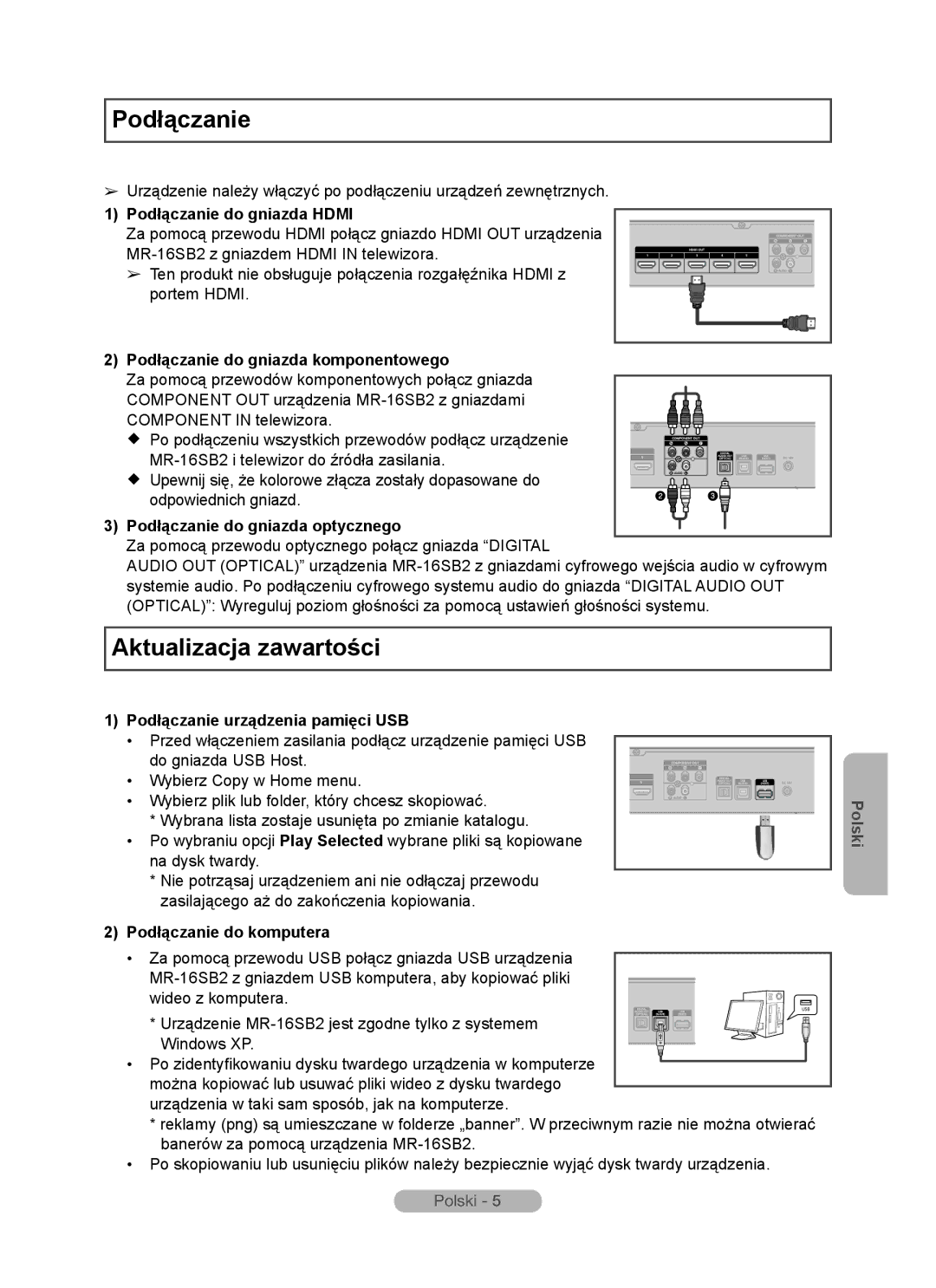 Samsung MR-16SB2 manual Podłączanie, Aktualizacja zawartości 