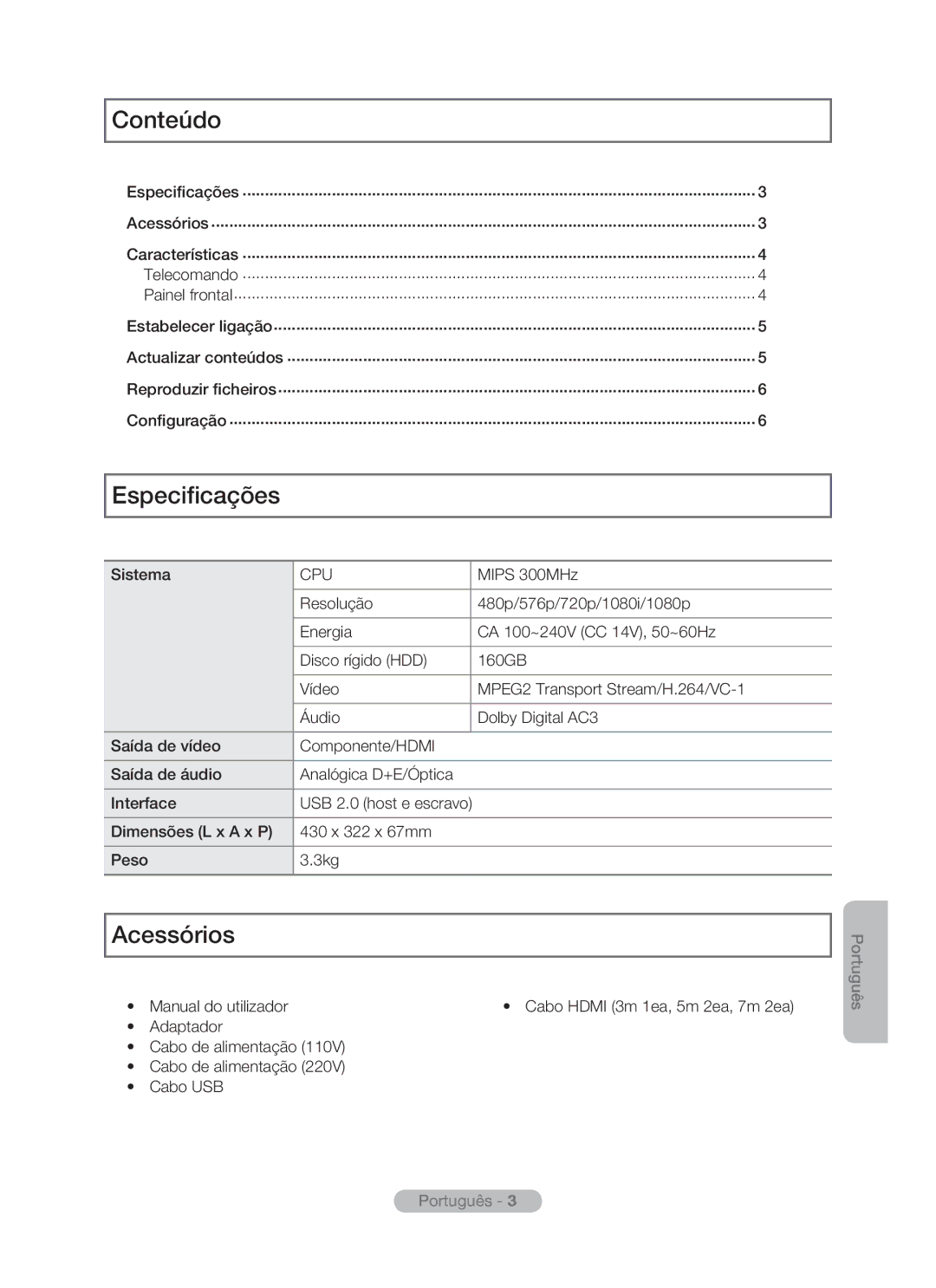 Samsung MR-16SB2 manual Conteúdo, Especificações, Acessórios 