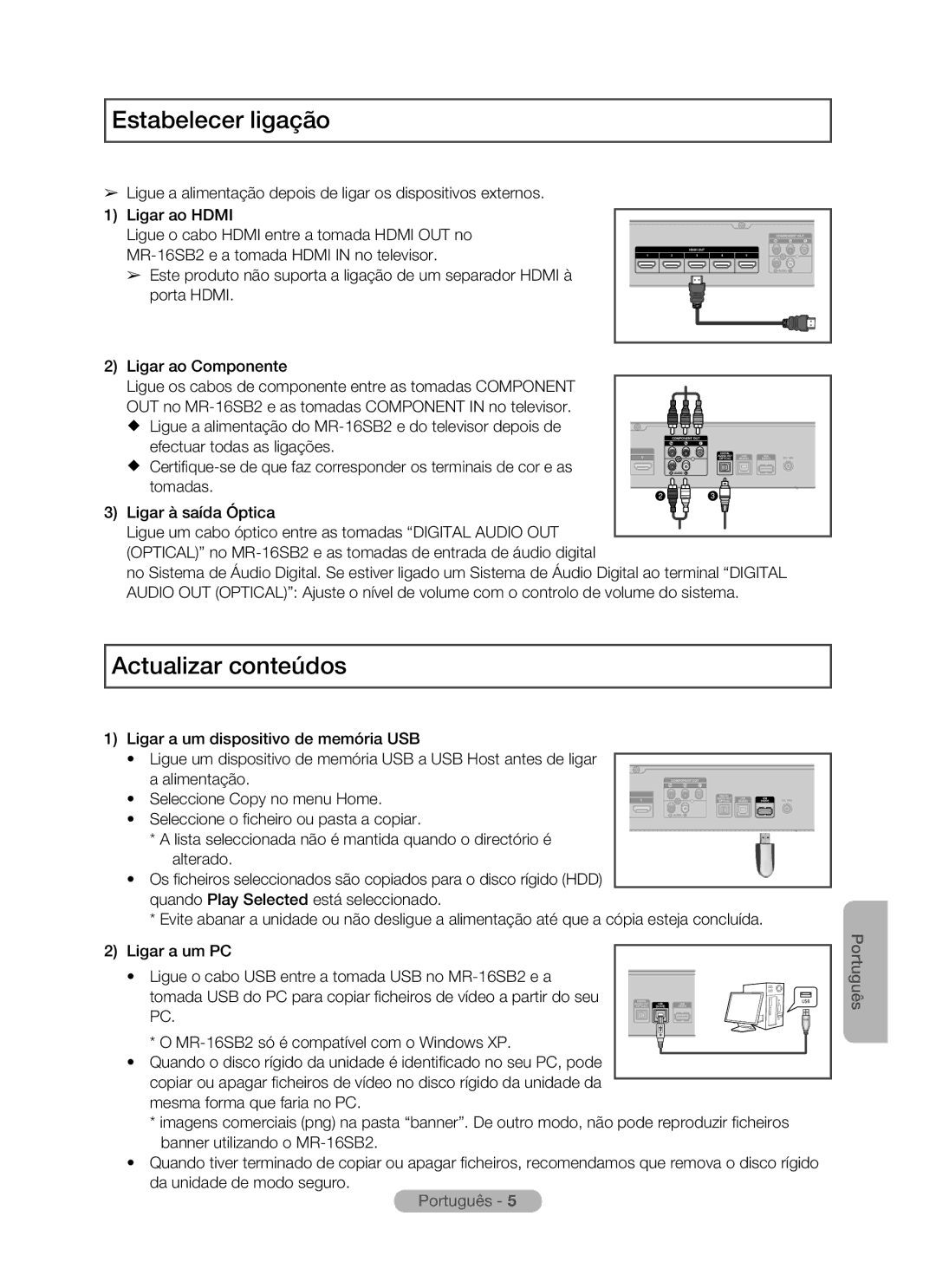 Samsung MR-16SB2 manual Estabelecer ligação, Actualizar conteúdos 