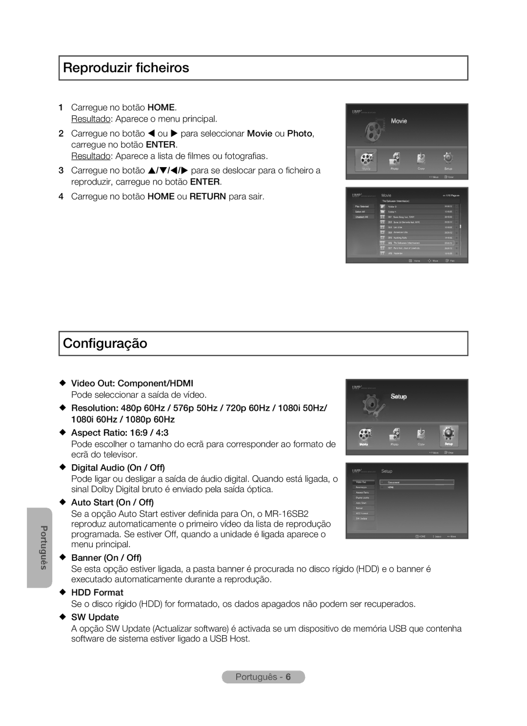 Samsung MR-16SB2 manual Reproduzir ficheiros, Configuração 