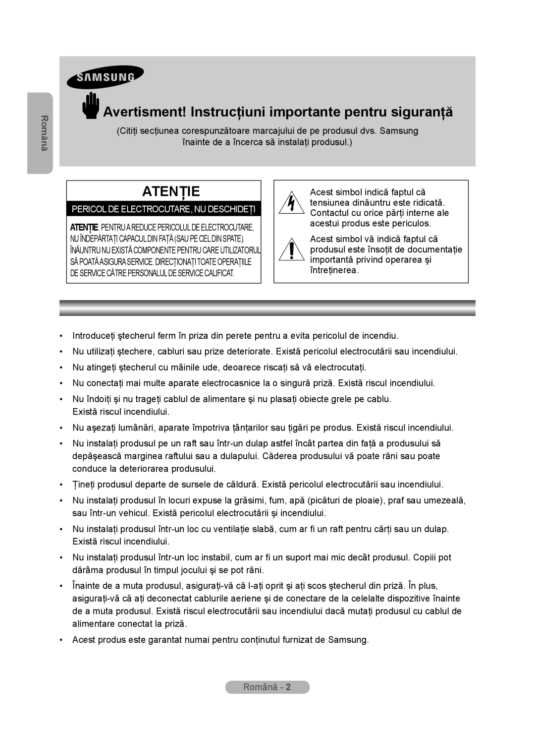 Samsung MR-16SB2 manual Avertisment! Instrucţiuni importante pentru siguranţă, Pericol DE ELECTROCUTARE, NU Deschideţi 