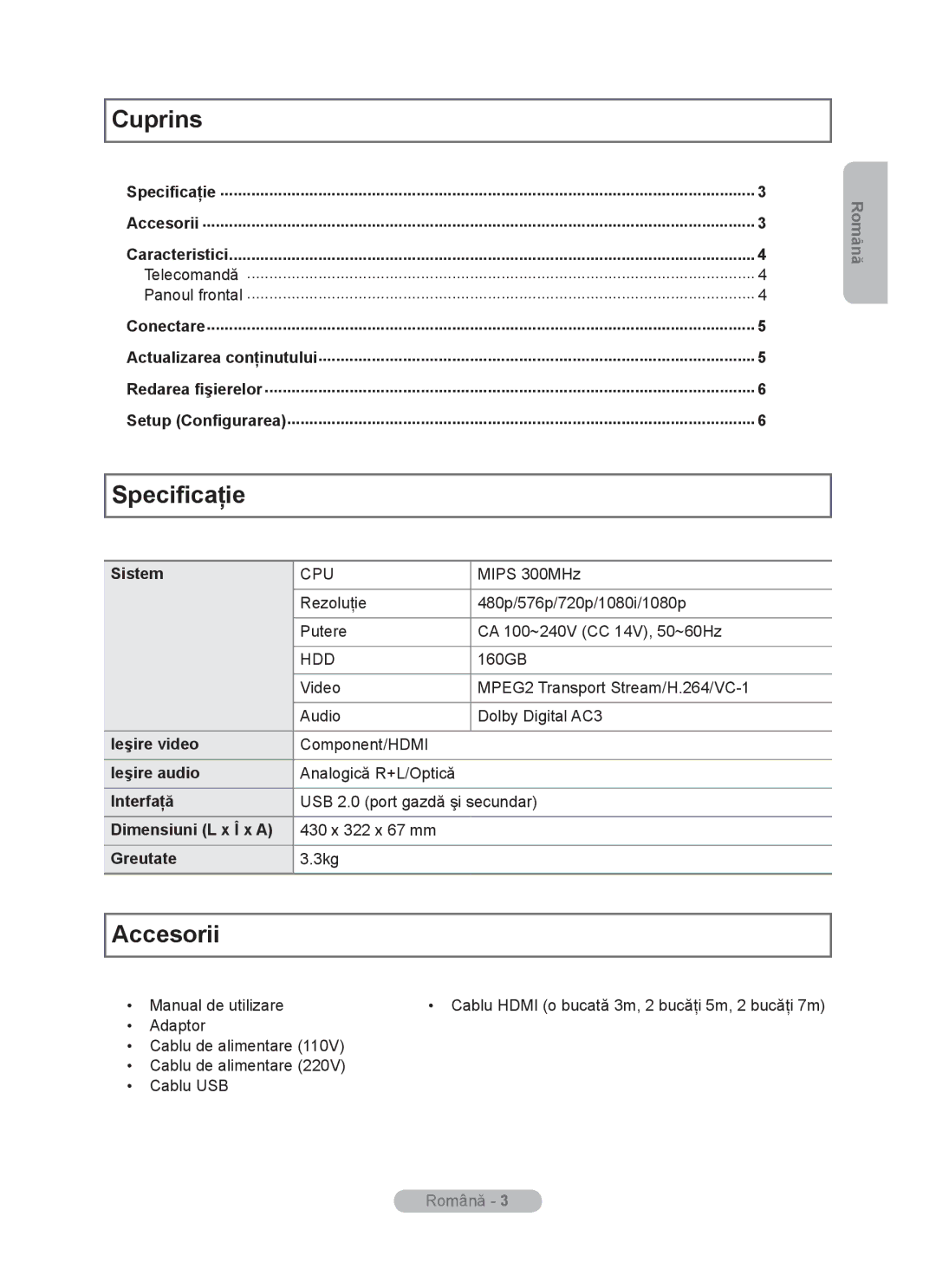 Samsung MR-16SB2 manual Cuprins, Specificaţie, Accesorii 