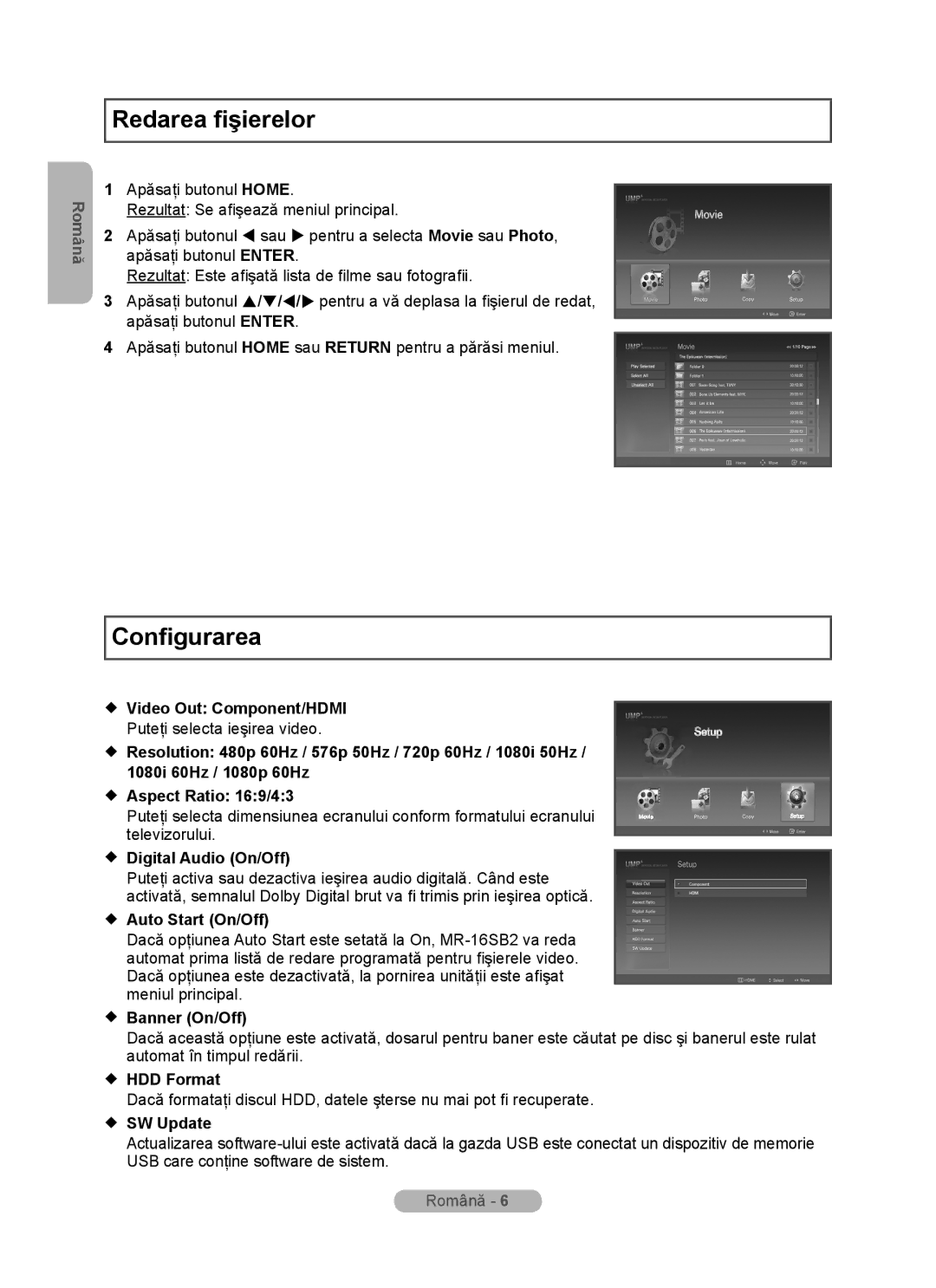 Samsung MR-16SB2 manual Redarea fişierelor, Configurarea 