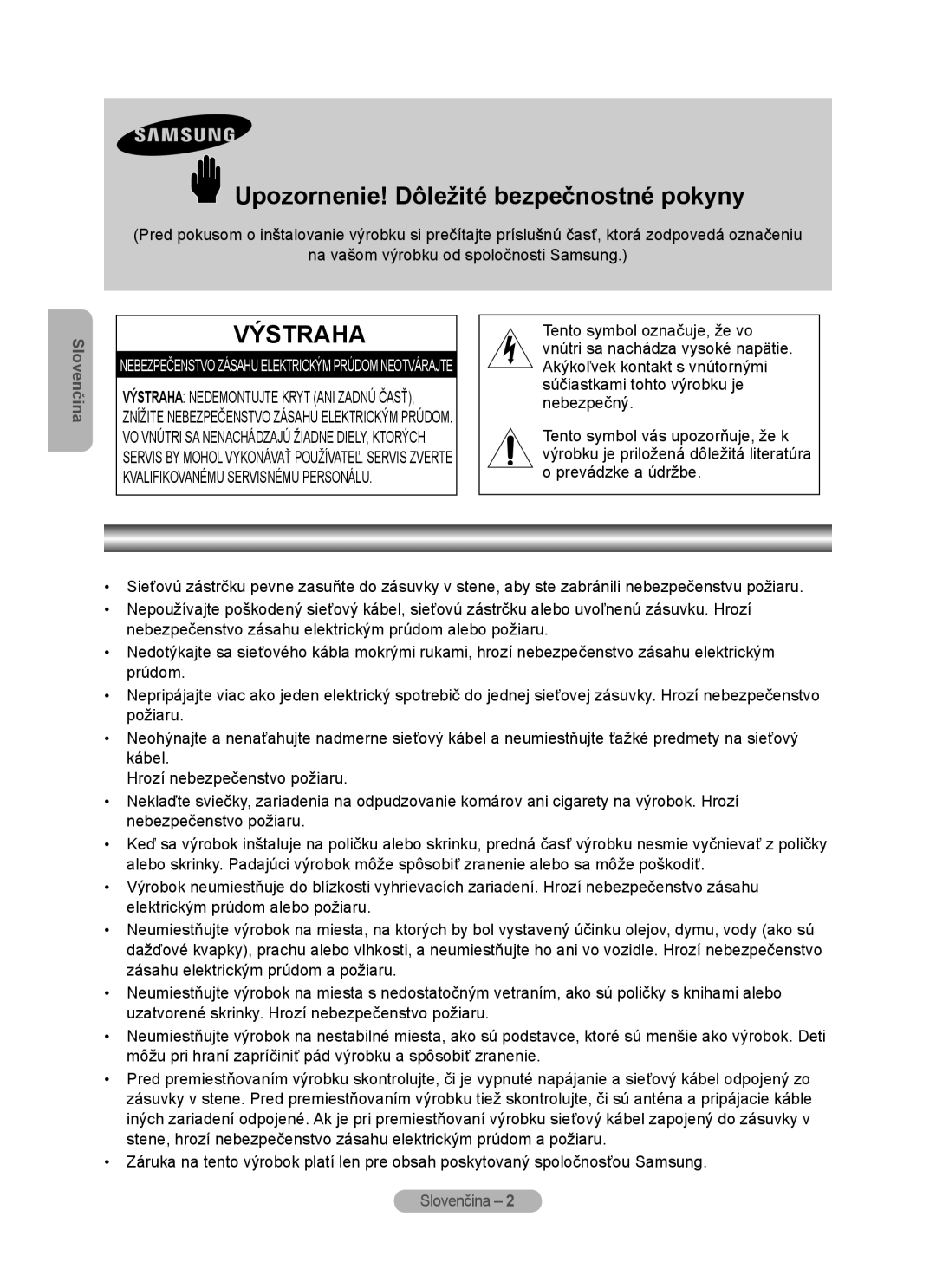 Samsung MR-16SB2 manual Upozornenie! Dôležité bezpečnostné pokyny, Výstraha 