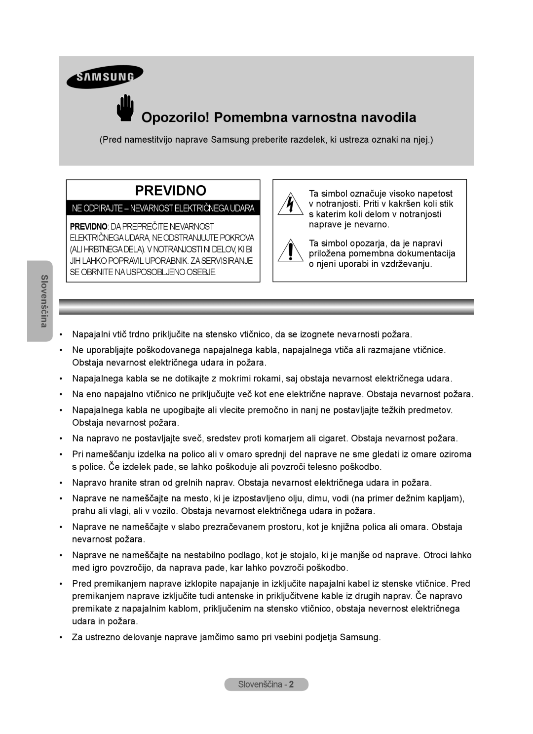 Samsung MR-16SB2 manual Opozorilo! Pomembna varnostna navodila, NE Odpirajte Nevarnost Električnega Udara 