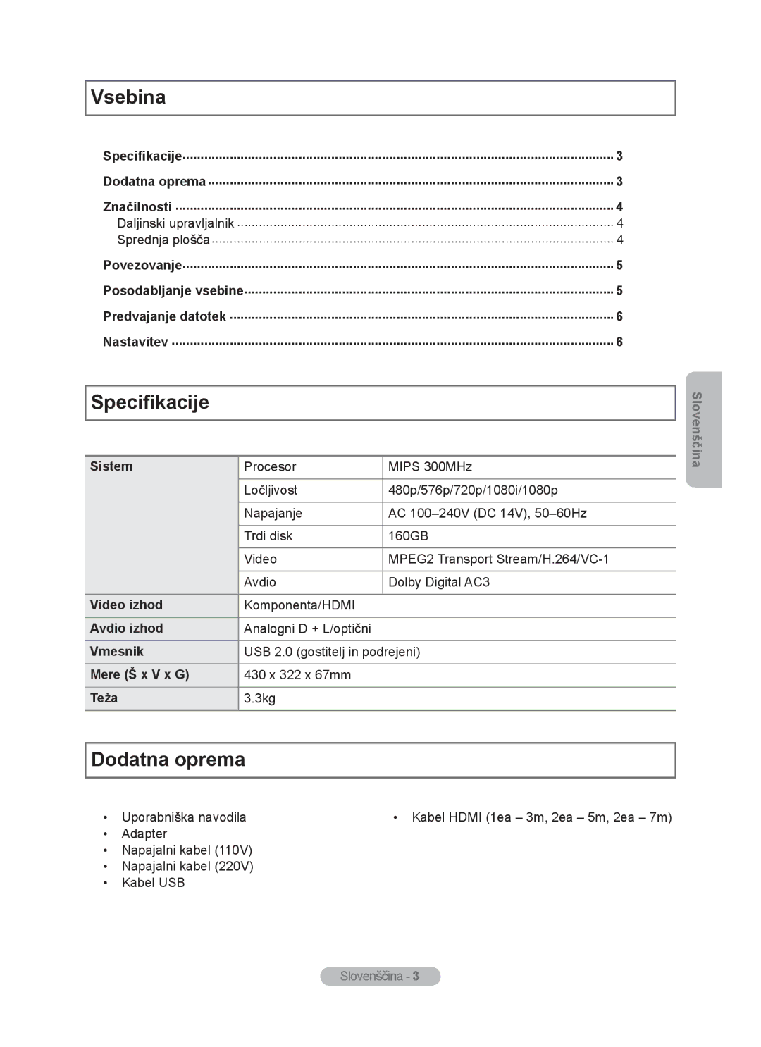 Samsung MR-16SB2 manual Vsebina, Specifikacije 