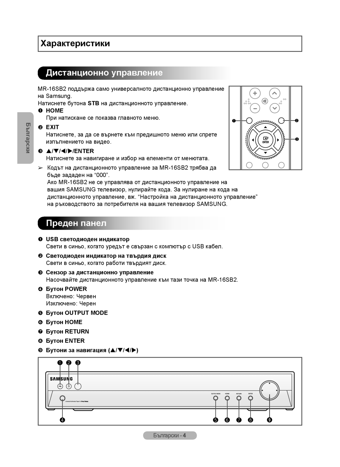 Samsung MR-16SB2 Характеристики, Дистанционно управление, Преден панел,  Home,  Exit,  ////Enter,  Бутон POWER 