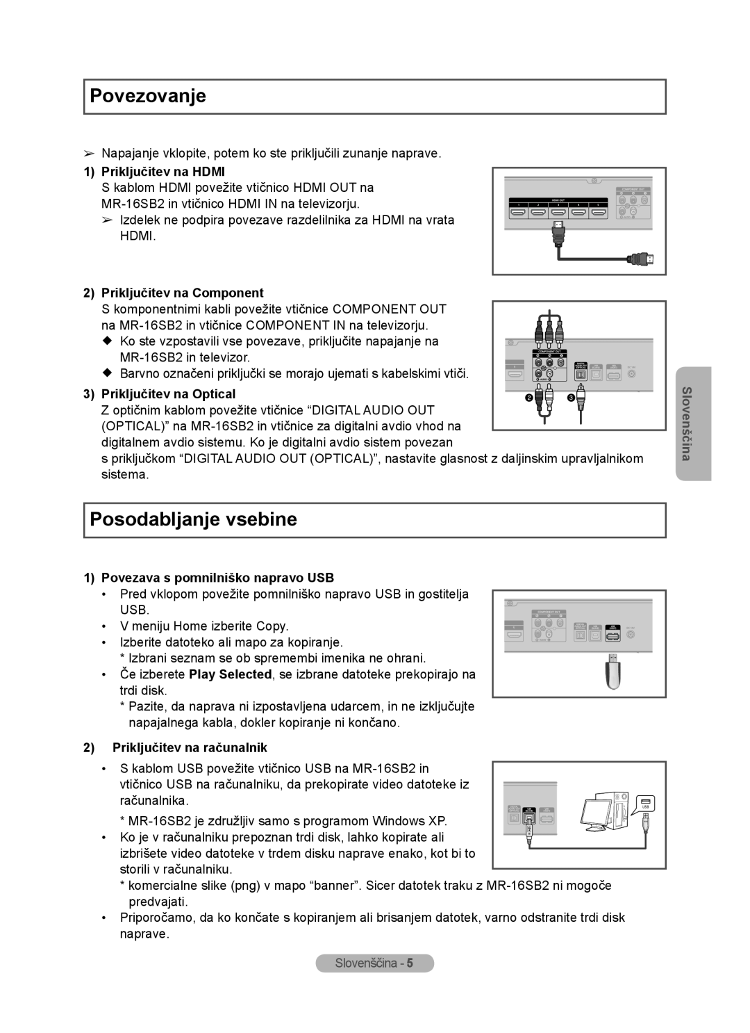 Samsung MR-16SB2 manual Povezovanje, Posodabljanje vsebine, Priključitev na HDMI, Priključitev na Component, Slovenščina 