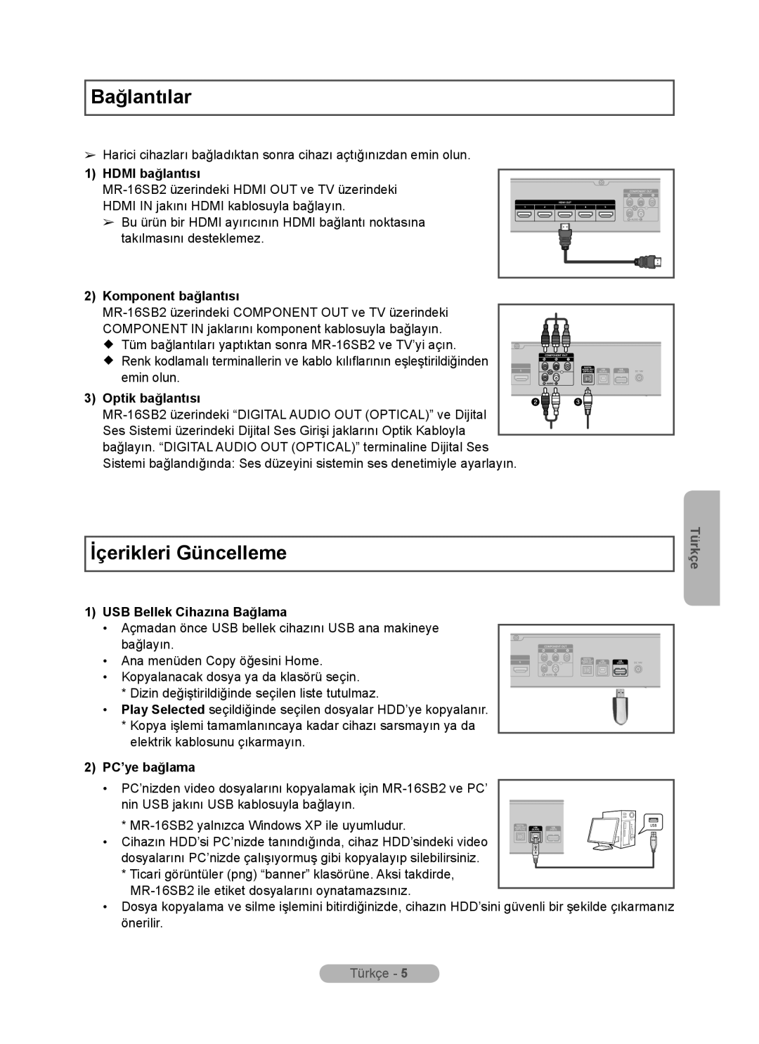 Samsung MR-16SB2 Bağlantılar, İçerikleri Güncelleme, HDMI bağlantısı, Komponent bağlantısı, USB Bellek Cihazına Bağlama 